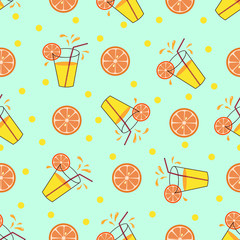 Vector graphics. Patern. Orange juice in a glass on a blue background.