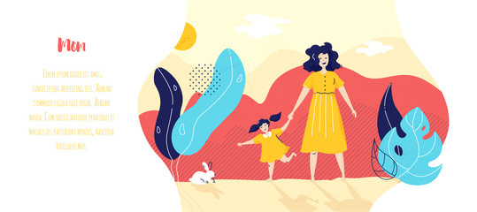 Happy mom and daughter are walking in the park. Family vector banner in flat linear style.