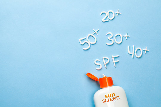 Sunscreen. How to choose the degree of protection of SPF for adults and children. Cream in the form of question mark and the inscription SPF on blue background with white tube