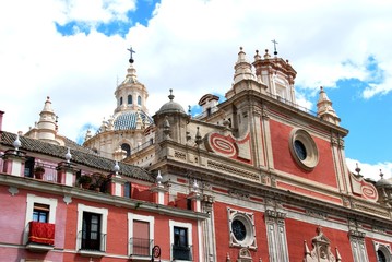 View of Devine Saviour Church (Iglesia Colegial del Divino Salvador) in the Plaza del Salvador, Seville, Spain.