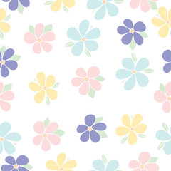 springtime vector floral seamless background in pastel colors, bright and joyful surface pattern design for fabric or wrapping projects, cartoon pastel flowers