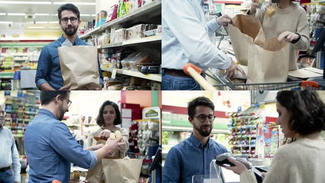 Collage of consumers packing products and paying bill in store. Multiscreen montage, split screen collage. Shopping concept