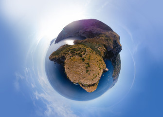 Little planet. Aerial landscape of Ieranto bay in demi-island Sorrento, Mountains, rocky shores and...