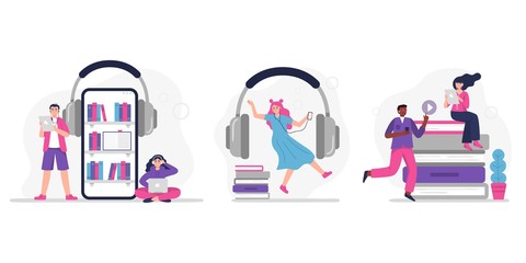 People listen to music, audiobook, podcast or language lessons. Set of concepts with people. Vector Illustrations in a modern flat style.
