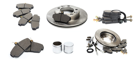 brake parts on white: brake pads, disc, brake hose, guides, cylinders - Image  - Image