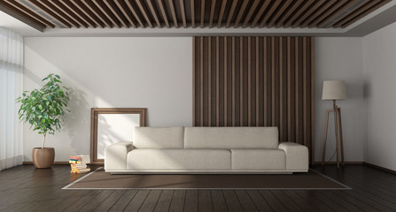 Minimalist living room with wooden paneling on background