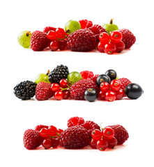 Ripe berries and fruits isolated on white background.Juicy and delicious raspberries, red currants, blackberries, gooseberries. Mixed fruits and berries with copy space for text. Various fresh summer