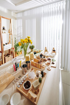 Workshop Table With Ingredients For Soap Making Class With Molds, Colorants And Oils