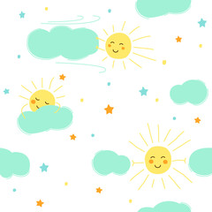 the sun sleeps on a cloud, flies in the wind and pushes clouds,  seamless pattern, vector illustration, cartoon pattern