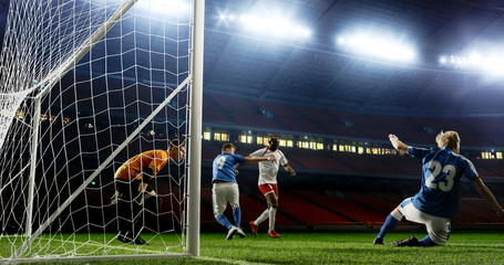 Tense game moment in front of the goal on the empty professional soccer stadium. No spectators on tribunes. Stadium is made in 3d.