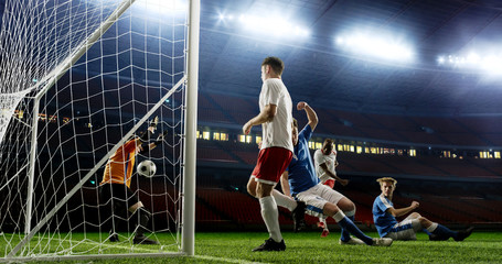 Tense game moment in front of the goal on the empty professional soccer stadium. No spectators on tribunes. Stadium is made in 3d.