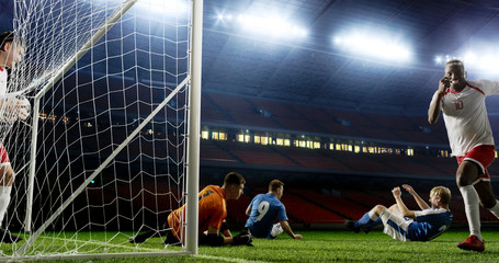 Tense game moment in front of the goal on the empty professional soccer stadium. No spectators on tribunes. Stadium is made in 3d.