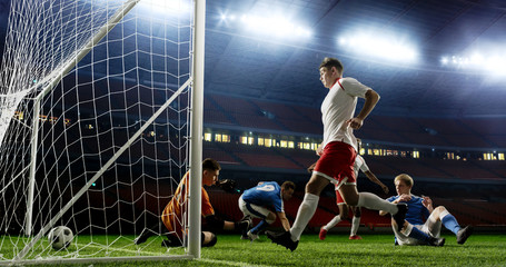 Tense game moment in front of the goal on the empty professional soccer stadium. No spectators on tribunes. Stadium is made in 3d.