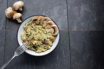 Mushroom risotto with negative space