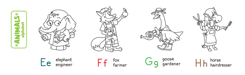Animals professions alphabet or ABC. Coloring book