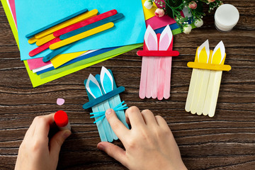 Instruction, step 9. Easter bunny toy gift stics puppets. Handmade. Project of children's...