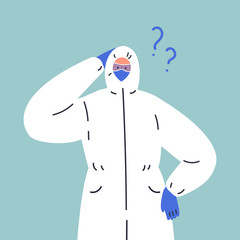 Coronavirus pandemic.Novel coronavirus 2019-nCoV.Doctor in white medical protective suit and blue gloves with a question mark.Coronavirus quarantine vector illustration.Flat cartoon character
