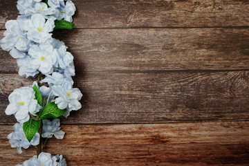 Top view Blooming Flowers frame with copy space on wooden background
