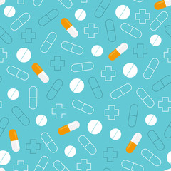 Seamless pattern of pills. Blue medical background.