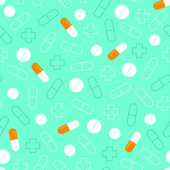 Seamless pattern of pills. Blue medical background.