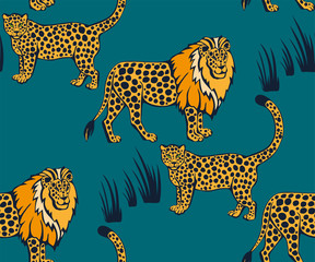 Vector background hand drawn exotic wild cats lion. Hand drawn ink illustration. Modern ornamental decorative background. Vector pattern. Print for textile, cloth, wallpaper, scrapbooking