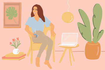 Illustration of a young woman sitting on the chair in the cozy living room at home