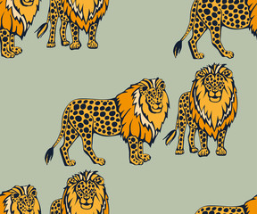 Vector background hand drawn exotic wild cats lion. Hand drawn ink illustration. Modern ornamental decorative background. Vector pattern. Print for textile, cloth, wallpaper, scrapbooking