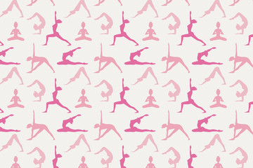 Different yoga poses. Background with female silhouettes.