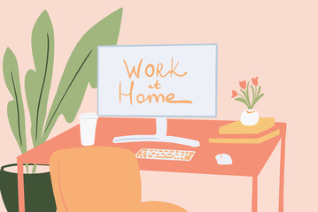 Cozy workplace with a desktop monitor and flowers at home. Colorful vector illustration in flat cartoon style