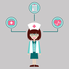 A female nurse with healthcare medical icons. Vector isolated illustration. 