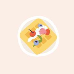 Vector illustration of belgium waffles with cream and berries. Sweet breakfast.