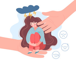 Empathy concept with nurturing hands reaching down to sustain a sad young woman in deep depression sitting under a thunder cloud with crying emoticons, vector illustration