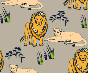 Vector background hand drawn exotic wild cats lion. Hand drawn ink illustration. Modern ornamental decorative background. Vector pattern. Print for textile, cloth, wallpaper, scrapbooking