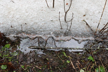 The edge of melting ice on the thawed earthen shore of the reservoir.