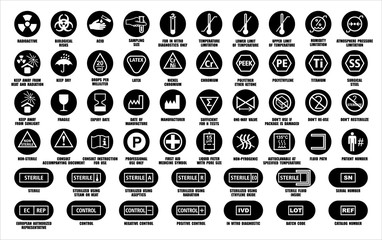 Full set of medical device packaging symbols with warning information. Medicine package black round icons isolated on white. International standards ISO, ANSI, AAMI, FDA with description