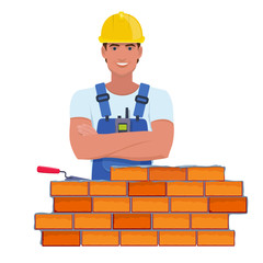 Bricklayer in a yellow helmet building a brick wall. Vector illustration in cartoon style B  Автор: Bienchen-s