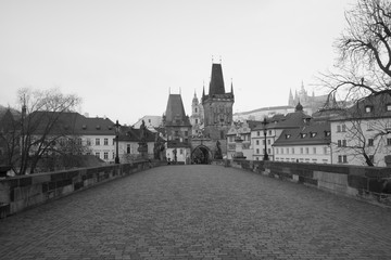 panoramic view of the Mala Strana district and the Castle from the Charles Bridge in Prague