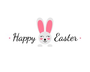 Cute easter bunny vector illustration. Happy Easter greeting text  isolated on white background. Happy easter lettering with cute bunny.