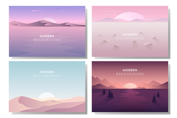 Set of poster template with wild mountains landscape. Design element for banner, flyer, card. Vector illustration. Vector banners set with polygonal landscape illustration - flat design