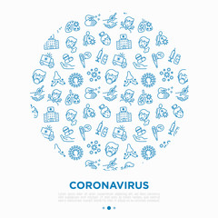Coronavirus concept in circle with thin line icons. Symptoms and prevention: COVID-2019, surgical mask, person-to person, hand washing, pneumonia, bronchitis, ambulance, vaccine. Vector illustration.