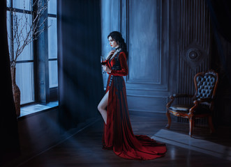 Beautiful young sexy woman vampire in medieval dark castle. Red long gothic dress. Black wavy hair. Backdrop vintage room interior. Hold glass blood wine. image queen of night horror holiday halloween - obrazy, fototapety, plakaty