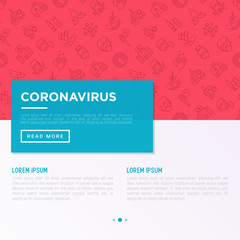 Coronavirus concept with thin line icons. Symptoms: COVID-19, surgical mask, person-to person, hand washing, pneumonia, bronchitis, ambulance. Vector illustration, template with copy space.