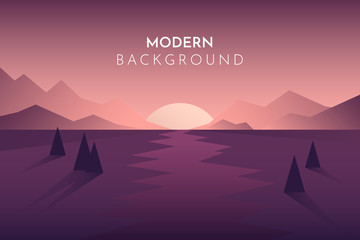 Sunset, night, morning in desert, mountains, Shadows of trees, Abstract landscape, Vector banner with polygonal landscape illustration, Minimalist style