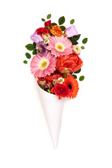 Bouquet of flowers in paper cone on a white background