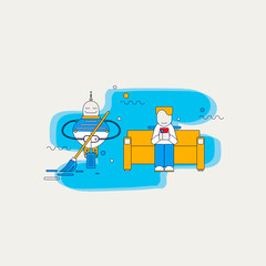 People relax, robots work. Color vector illustration
