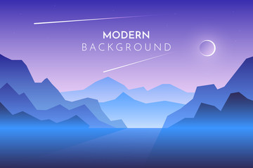 Sunset, night, morning in desert, mountains, Abstract landscape, Vector banner with polygonal landscape illustration, Minimalist style. Blue backdrop. Sky stars night background. 