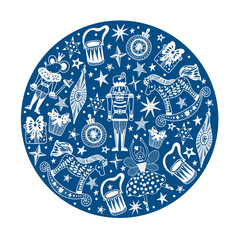 Christmas ball of snowflakes and stars. Magical christmas motif.