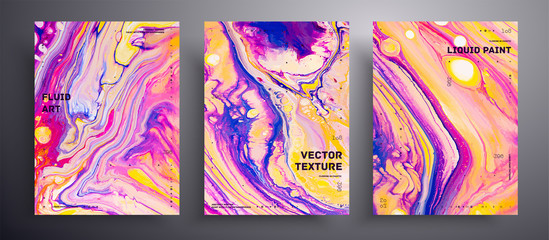 Abstract liquid poster, fluid art vector texture pack. Trendy background that applicable for design cover, invitation, presentation and etc. Purple, yellow, pink, blue and white creative template