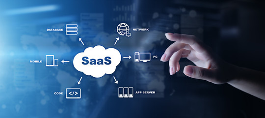 SaaS - Software as a service, on demand. Internet and technology concept on virtual screen.
