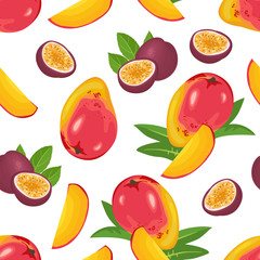 Mango and passion fruit seamless pattern. Juicy tropical fruits and green leaves on a white background. Vector food illustration in cartoon flat style.